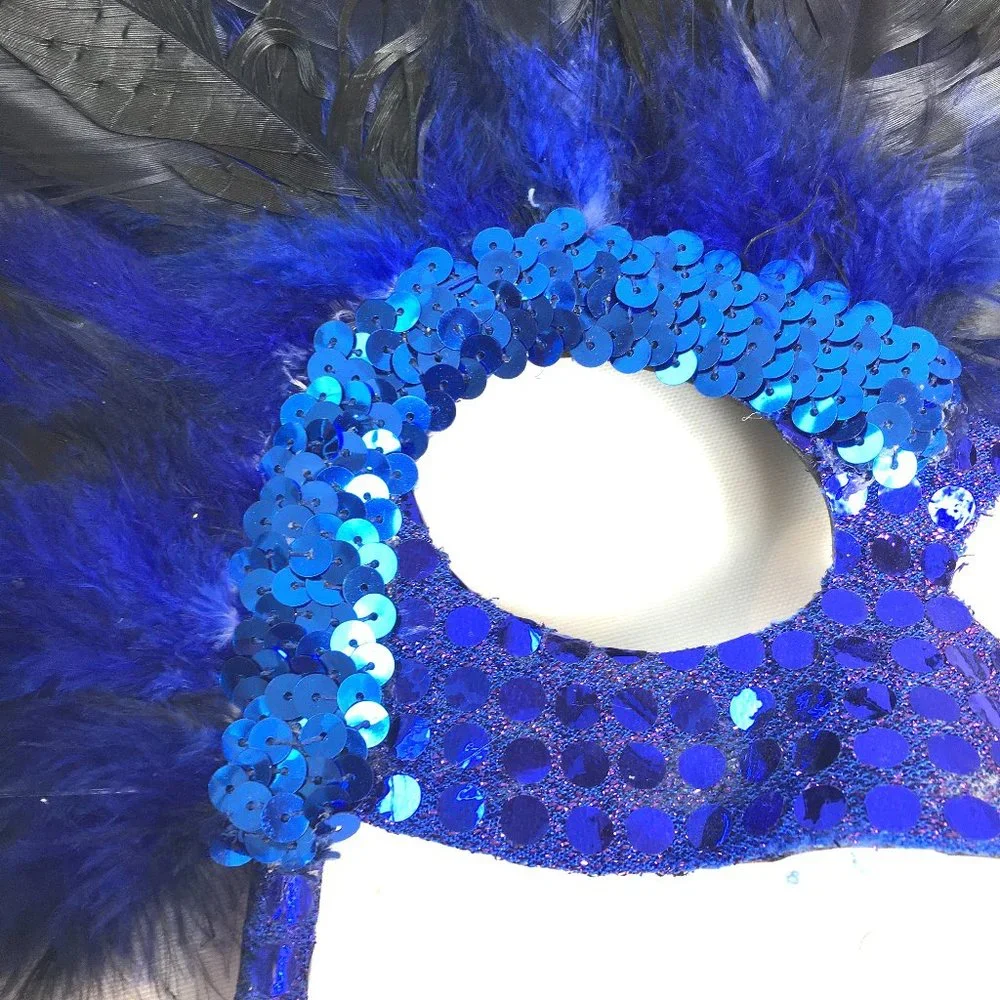 VENETIAN Mask Harlequin Blue Sequin w Black Feathers w/ Handle * NWOT NOS